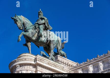 A huge bronze statue of King Victor Emmanuel II on horseback on The Victor Emmanuelle II Monument, the largest statue in Rome, Italy Stock Photo