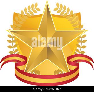 3D gold star with laurel wreath, ribbon, and shield. Stock Vector