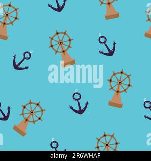 Seamless pattern. Steering wheel of the ship. Wooden rudder, antique equipment. Colorful vector illustration hand drawn print or card. Wrapping or Stock Vector
