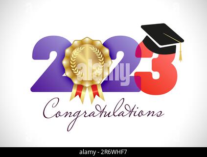 Congratulations for graduating class off 2023. Creative prom banner. Typographic logo design. Educational awards icon. Isolated title of 20 23 school Stock Vector