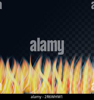 Beautiful abstract transparent luminous yellow hot flames, fire on a semitransparent dark, squared black background from squares. Vector illustration. Stock Vector