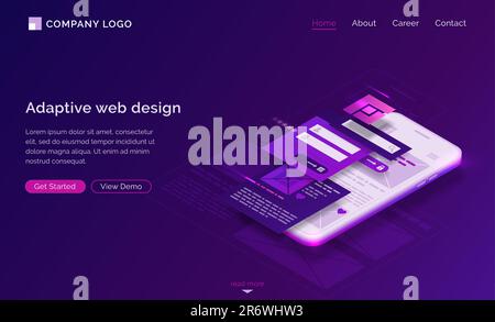 Adaptive interface design isometric landing page. User experience, ui ux mobile phone layouts, online form for login and password enter. Mobile app development, gadget software 3d vector web banner Stock Vector