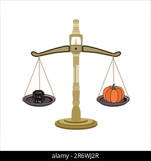 Weight balance scale 2kg and 3kg weight stone. and Pumpkin. equal balance measuring. Vector illustration. balance measure symbol icon. Stock Vector