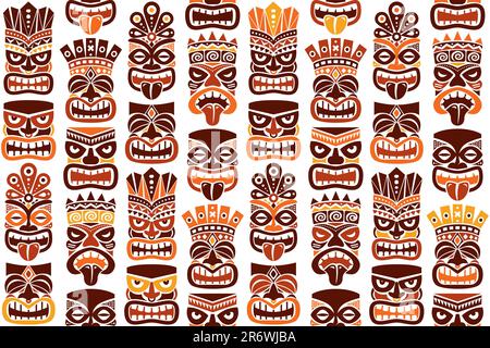 Tiki pole totem vector seamless pattern - traditional statue or mask repetitve design from Polynesia and Hawaii in brown and orange Stock Vector