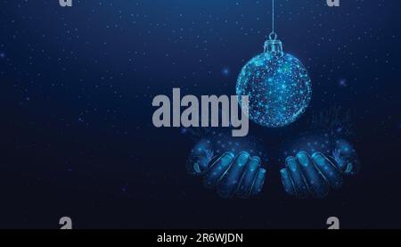 Two hands are holding a Christmas ball. Wireframe glowing low poly design on a blue background. Abstract futuristic vector illustration Stock Vector