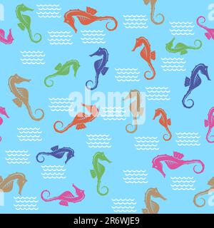 Vector Colored Seahorse Icon. Fish design on Blue Background. Tropical Exotic Fish Stock Vector