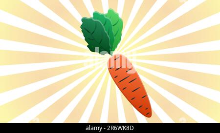 carrots on orange and white retro background, vector illustration. bright, orange, long carrots with a lush green tail, vegetable crop, vegan food. ra Stock Vector