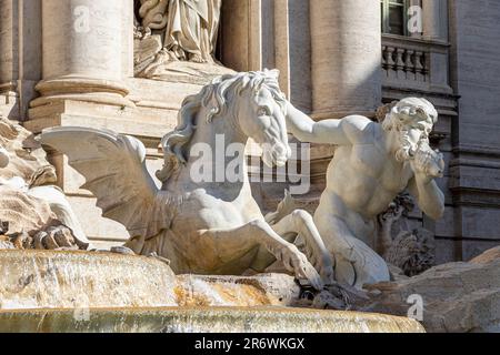 Close up of a white marble Triton and seahorse on the Trevi Fountain in Piazza di Trevi, Rome,Italy Stock Photo