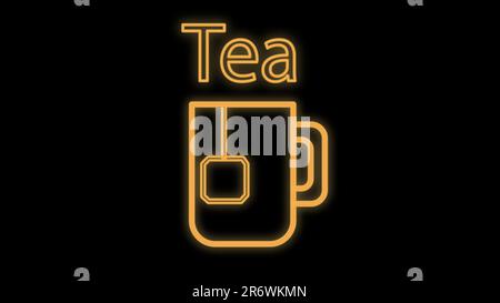 mug of tea with a tea bag inside on a black background, vector illustration, neon. tea with a disposable tea bag. neon sign in orange. bright signboar Stock Vector