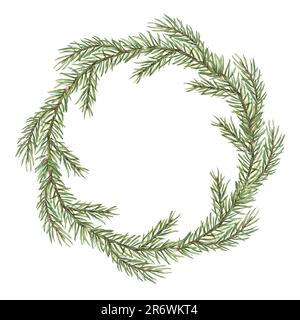 Watercolor Christmas spruce wreath isolated on white background. Botanical illustration of Xmas tree branch for postcard design, invitation template, Stock Photo