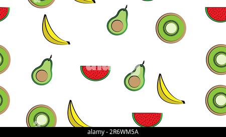 Seamless pattern banana kiwi watermelon avocado delicious sweet fresh beautiful on white background. The texture is endless. Stock Vector