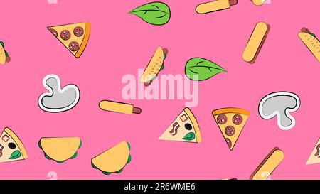 Endless pink seamless pattern from a set of icons of delicious food and snacks items for a restaurant bar cafe: pizza, hot dog, burrito, pizza, greens Stock Vector