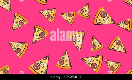 slice of pizza on a pink background, vector illustration, pattern. pizza stuffed with sausage, bacon, mushrooms, cheese and herbs. decor for restauran Stock Vector