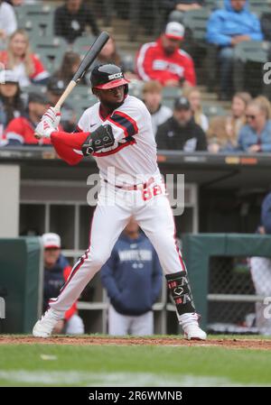 CHICAGO, IL - JUNE 09: Chicago White Sox center fielder Luis Robert Jr.  (88) looks on after hitting a game winning single during a Major League  Baseball game between the Miami Marlins