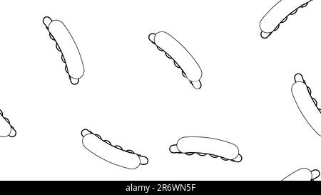 hot dog on white background, vector illustration, pattern. sausage sandwich, stuffed, appetizing bun. black and white illustration, drawing of a hot d Stock Vector