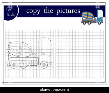 Copy the picture, an educational game for children, a cartoon concrete mixer machine. Vector illustration on a white background. Stock Vector