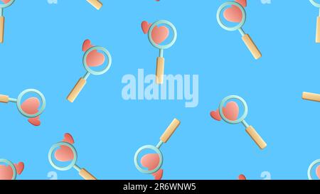 Endless seamless pattern of beautiful festive love joyful tender hearts with magnifying glasses for searching on a blue background. Vector illustratio Stock Vector
