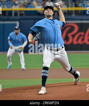 St. Petersburg, Florida, USA. June 26, 2022: Tampa Bay Rays starting  pitcher Shane McClanahan (18) throws a pitch during the MLB game between  Pittsburgh Pirates and Tampa Bay Rays St. Petersburg, FL.