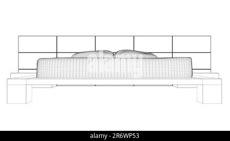 Wireframe drawing of double bed. Modern comfortable luxury furnitures for bedroom. Wireframe of a sleeping bed with pillows from black lines isolated Stock Vector