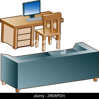 3d sofa and desk icons isolated on a white background. Stock Vector