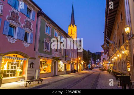 GARMISCH-PARTENKIRCHEN, GERMANY - SEPTEMBER 4, 2019: Evening view of Ludwigstrasse street in Garmisch-Partenkirchen, Bavaria state, Germany. Stock Photo