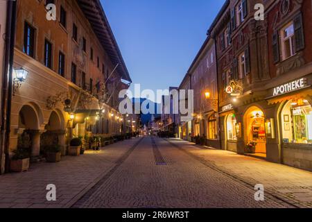 GARMISCH-PARTENKIRCHEN, GERMANY - SEPTEMBER 4, 2019: Evening view of Ludwigstrasse street in Garmisch-Partenkirchen, Bavaria state, Germany. Stock Photo