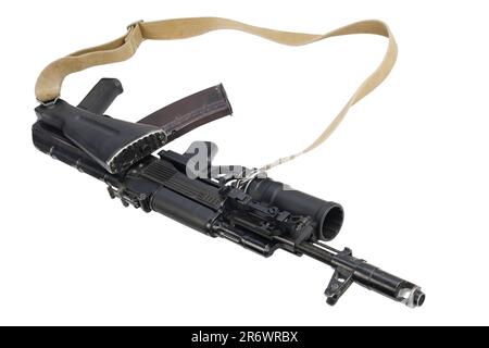 Modern kalashnikov 5.45x39 mm AK 74M assault rifle with 40 mm underbarrel grenade launcher isolated on white background Stock Photo