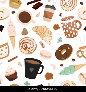 Seamless pattern coffee and dessert on white background. Donuts, macarons, cinnamon roll, and croissants. Design food menu, concept for cafe Stock Vector