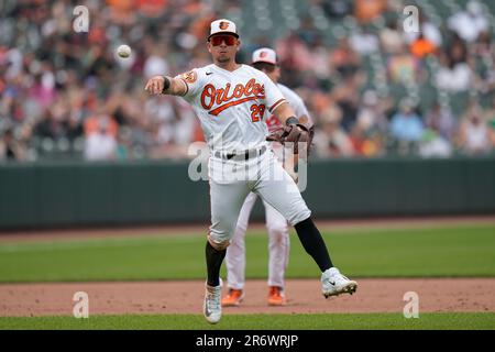 BALTIMORE, MD - APRIL 08: Baltimore Orioles third baseman Ramon Urias (29)  sprints down the first base line during the New York Yankees versus Baltimore  Orioles MLB game at Oriole Park at