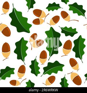 Vector Ripe Acorn Icon Isolated on White Background. Autumn Oak Leaves Seamless Pattern Stock Vector