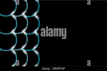 Blue transparent abstract shiny beautiful and convex volumetric simple balls, bubbles, egg circles with glare of light located on the side on a black Stock Vector