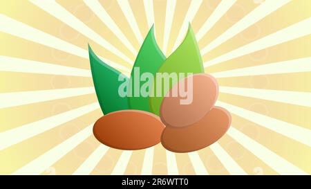 nuts on a white-orange retro background, vector illustration. nuts lie on the ground, under green oblong leaves. healthy food, weight loss, farming, e Stock Vector