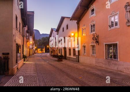 Evening view of Ludwigstrasse street in Garmisch-Partenkirchen, Bavaria state, Germany. Stock Photo