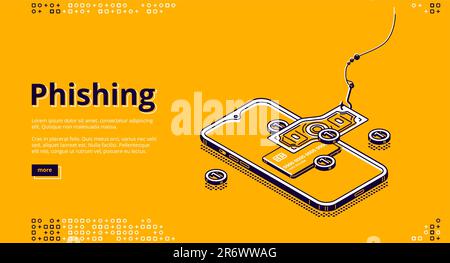 Phishing isometric landing page. Fishing hook catch and throw money bill from smartphone screen. Scammer theft personal data in internet for hacking account. Cyber crime, 3d vector line art web banner Stock Vector