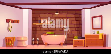 Bathroom in rustic house with bath, sink, toilet bowl and wooden furniture. Vector cartoon interior of washroom with brick wall, towels, mirror and cosmetic bottles on shelf Stock Vector