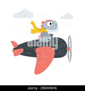 Cute dinosaur with plane, vector design. T-shirt graphic illustration for kids. Invitations, birthday celebrations and postcards for special occasions Stock Vector