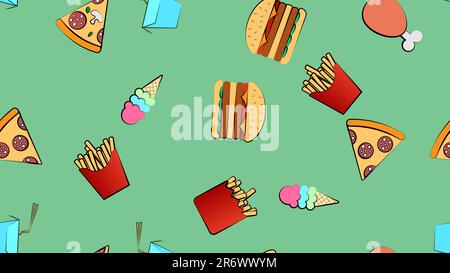 Seamless endless pattern of assorted delicious hearty hot fries, gpizza, ice cream fast food on a green background. Texture. Stock Vector