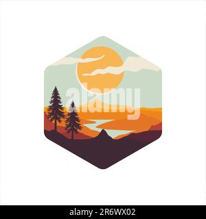 pine trees landscape logo design vector illustration with mountain view Stock Vector