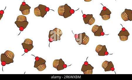Seamless cute delicious cupcake doodle pattern. It includes yummy deserts with icing, cherry, strawberry, cream. Stock Vector