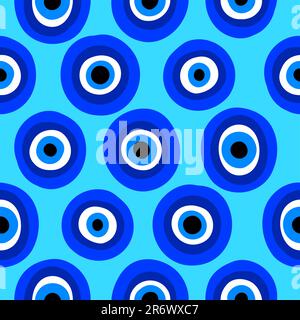 Evil eyes seamless pattern - blue abstract hand drawn greek eye talismans. Fashionable illustration. Freehand doodle dots in cartoon style. Stock Vector