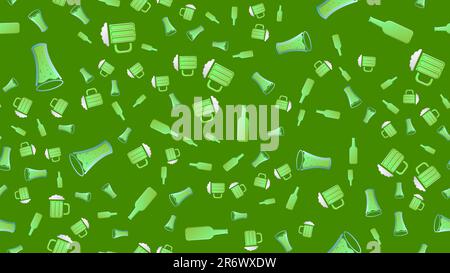 Endless seamless pattern of green beautiful glass beer bottles and glasses with alcoholic tasty tasty light beer, foamy hop lager on a green backgroun Stock Vector