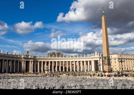 Rows of empty plastic chairs in front of the Obelisk in St Peter's Square,Vatican City Stock Photo