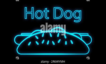 hot dog on a black background, neon, vector illustration. sausage sandwich, stuffed, appetizing bun. neon with the inscription hot dog in blue. bright Stock Vector