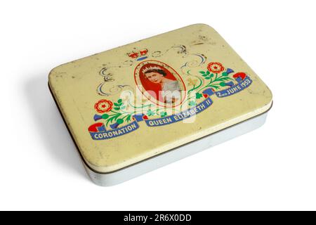 Coronation of Queen Elizabeth II commemorative tin, 2nd June 1953, isolated on a white background, UK Stock Photo