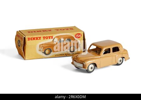 1950s Dinky Hillman Minx Saloon toy car with original box, isolated on a white background, UK Stock Photo