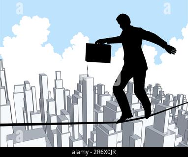 Editable vector outline of a businessman walking a tightrope Stock Vector