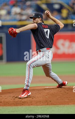 St. Petersburg, FL USA; Minnesota Twins starting pitcher Bailey Ober (17) delivers a pitch during an MLB game against the Tampa Bay Rays on Thursday, Stock Photo