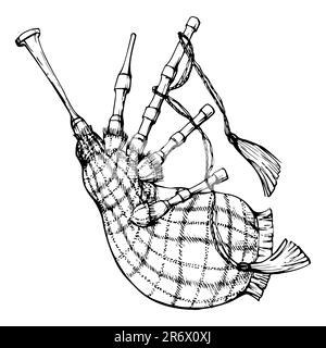 Ink hand drawn vector sketch of isolated object. Scotland symbol, tartan pattern traditional scottish bagpipe musical instrument. Design for tourism Stock Vector
