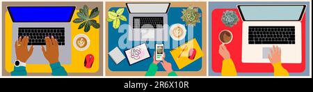 Female hands working on laptop at desk top view. Stock Vector