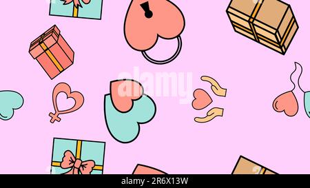 Texture seamless pattern from a set of love items with hearts and gifts for the holiday of love Valentine's Day February 14 or March 8 on a pink backg Stock Vector